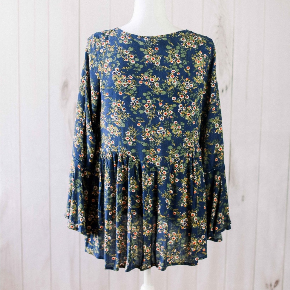 The Giovanna Blouse- navy floral bell peasant top - Picture 6 of 13